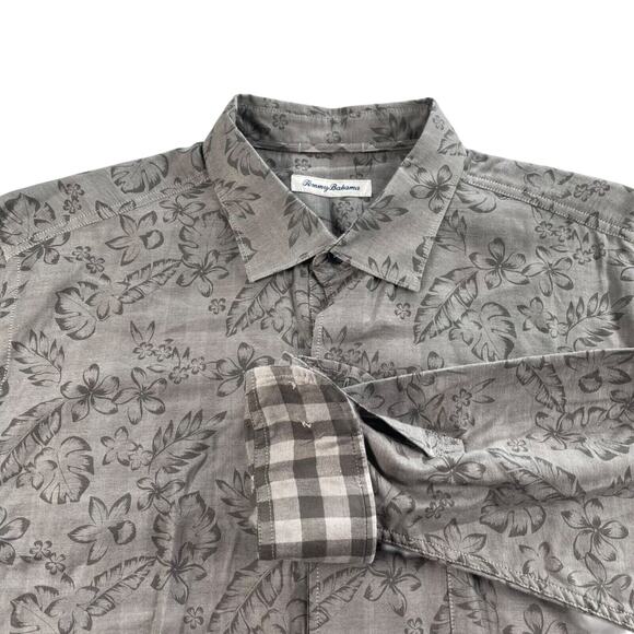Tommy Bahama Shirt Mens XL Gray Floral Tropical Check Back Flip Cuff Long Sleeve - Picture 1 of 14